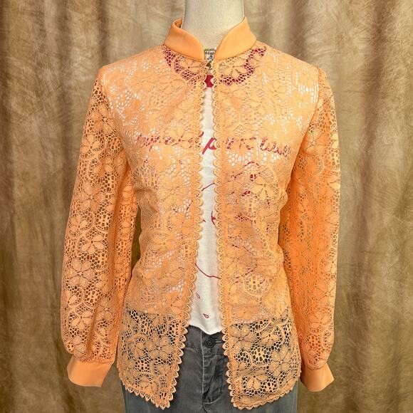 Sears Tops - Vintage 70s Lace Top Open Front Crochet Floral Pastel Orange Long Sleeve Retro